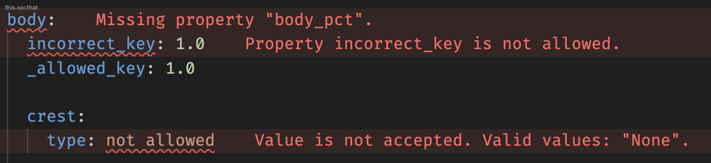 syntax highlighting missing keys, incorrect types, etc